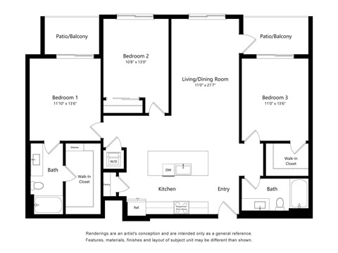 A black and white floor plan of a house with three bedrooms, a living/dining room, a kitchen, a bath, and a walk-in closet.